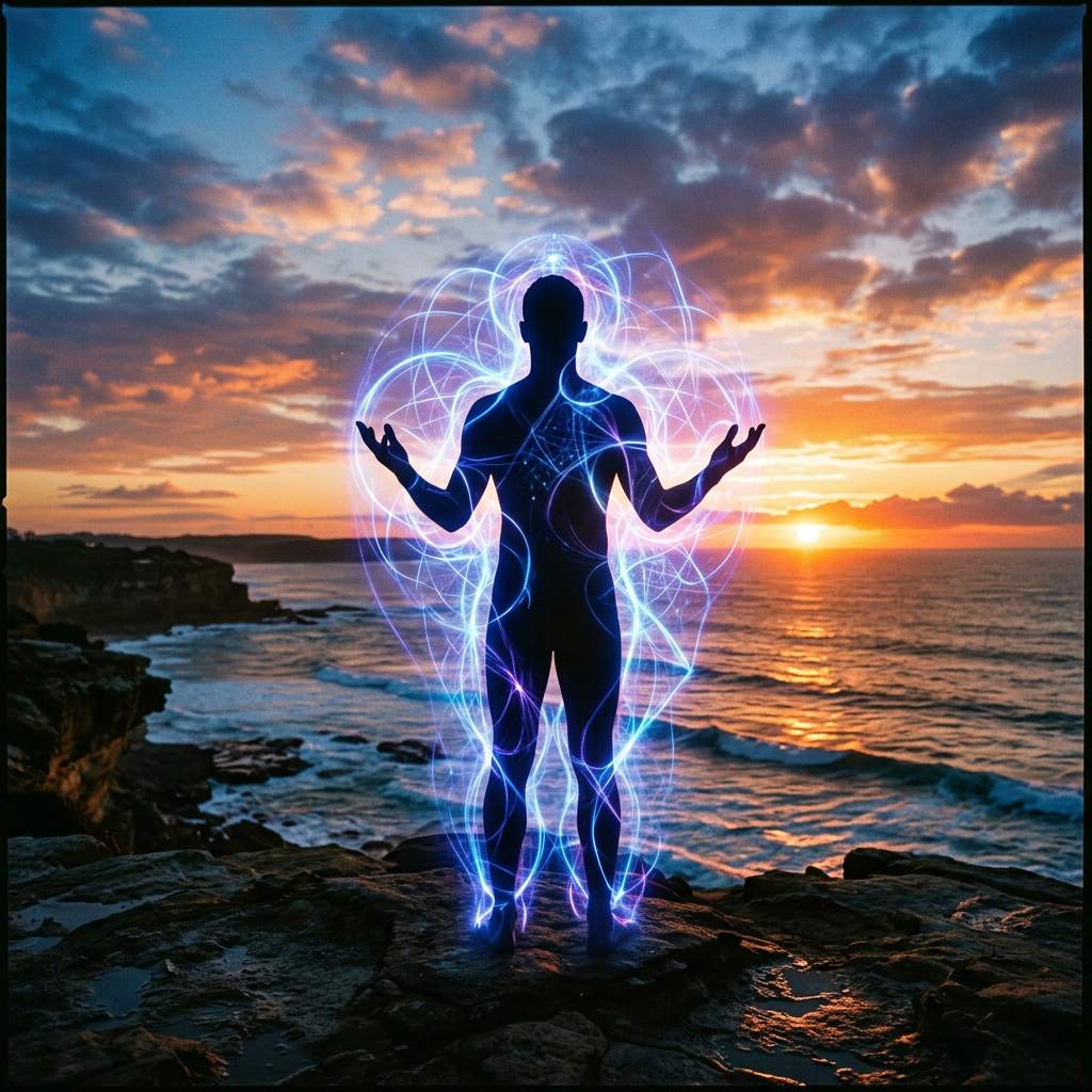 Human silhouette surrounded by glowing blue energy lines at sunset on a rocky coast